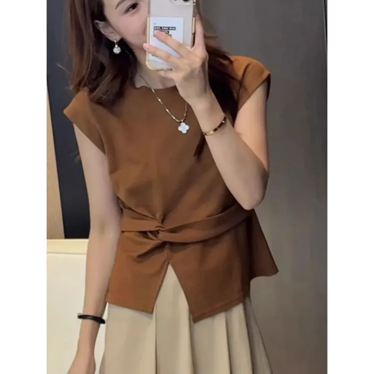 小飞袖开叉短袖女t恤2025新款爆款夏季特漂亮设计感小众上衣女