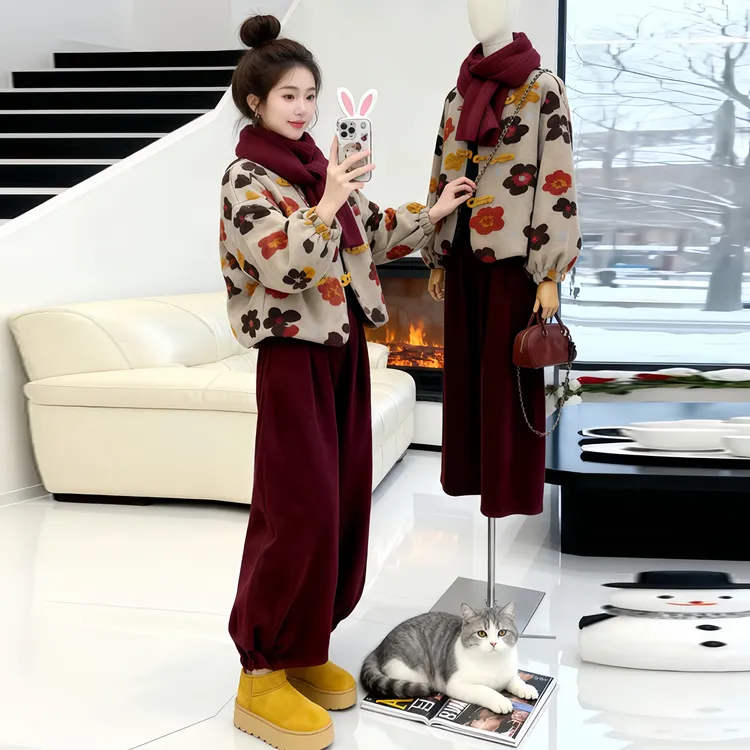 小富婆穿搭一整套女装复古撞色印花外套+酒红阔腿裤套装