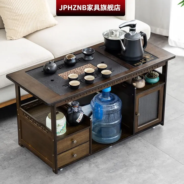 移动家用茶桌茶台客厅实木小茶车沙发边几茶几茶具茶台烧水壶一体