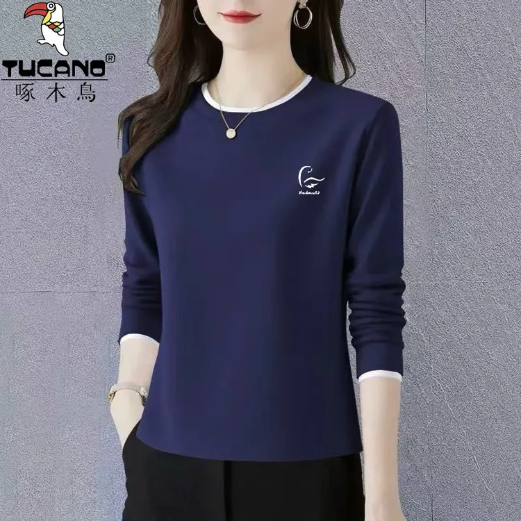 啄木鸟纯棉长袖t恤女士打底衫秋冬内搭中年新款韩版洋气正肩上衣