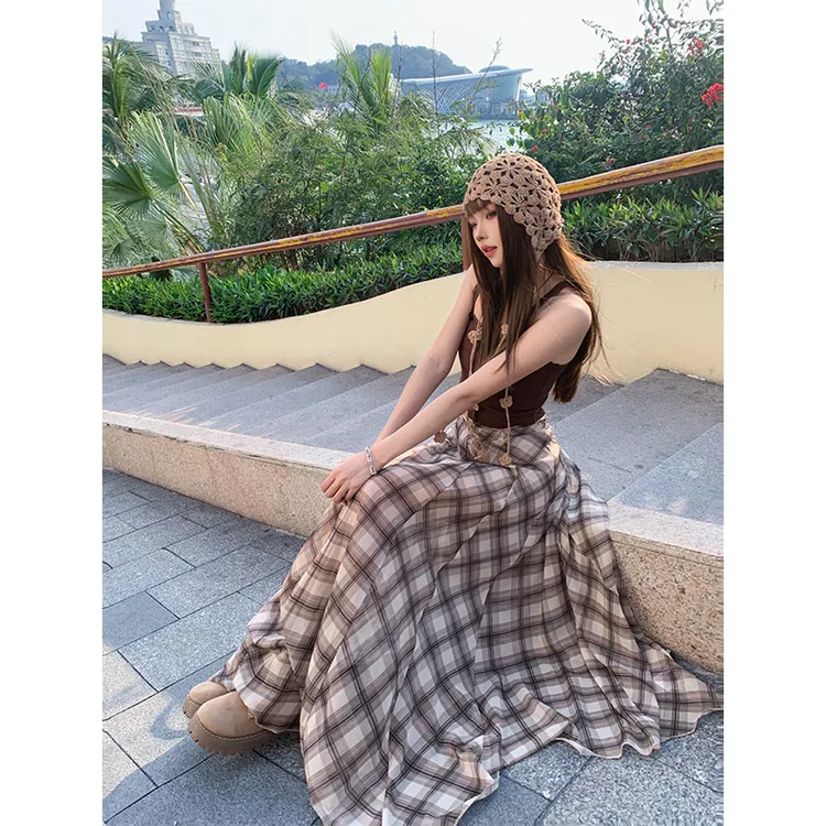美式复古高腰不规则半身裙垂感透气清凉百搭气质休闲显瘦格子裙子