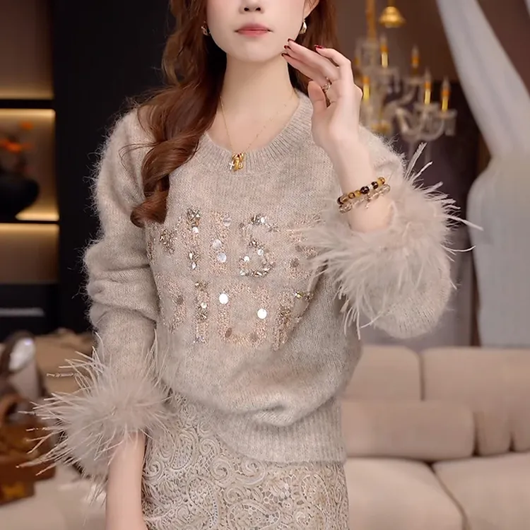 女士咖色套头毛衣秋冬慵懒感时尚减龄宽松显瘦重工亮片针织衫上衣