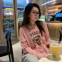 【小雨姐在这里】日系休闲竹节棉小猪印花圆领长袖T恤女 T8817