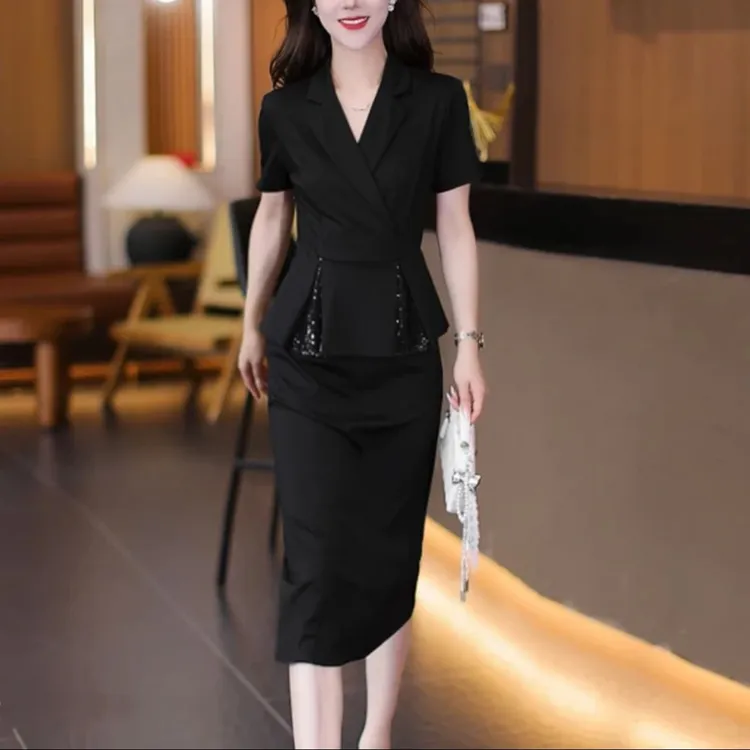 假两件连衣裙女神包臀夏季修身长款法式西装领黑色裙收腰气质显瘦