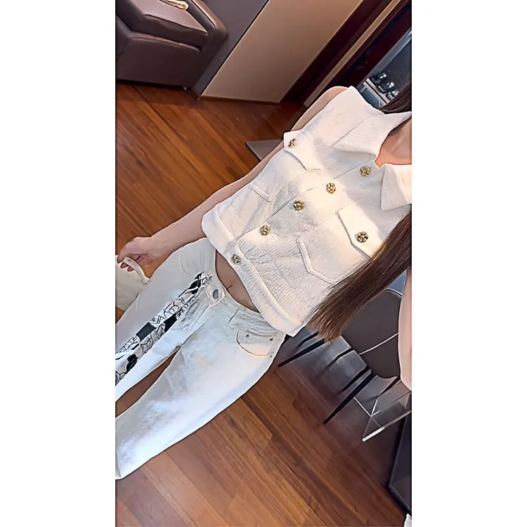 2025夏季新款定制山茶花刺绣肌理感中古小香马甲直筒阔腿裤子套装