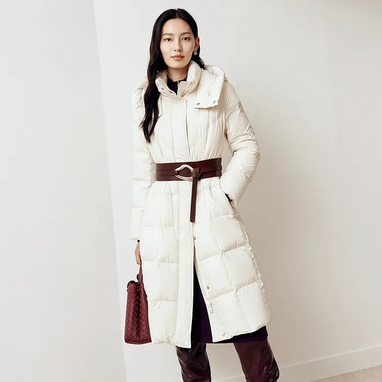 firststation时尚连帽渐变绗线收腰中长款羽绒服女25秋新款Y231A