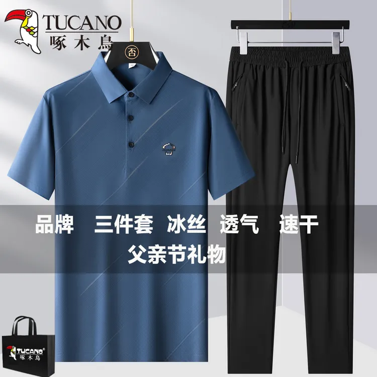 啄木鸟爸爸夏季套装冰丝短袖polo衫男士速干运动服夏天中老年衣服