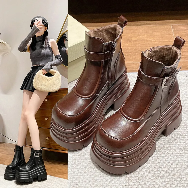 10cm厚底松糕雪地棉靴女加绒短靴2025冬新款小个子增高轻便马丁靴