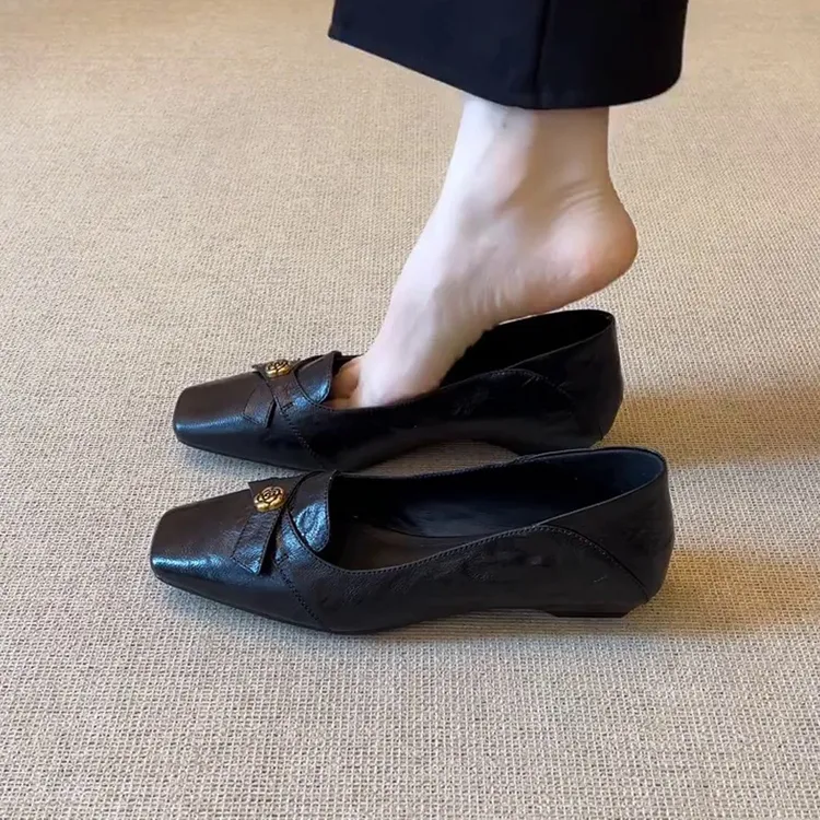 羊皮版~方头法式山茶花蝴蝶结坡跟单鞋女浅口通勤气质复古平底鞋