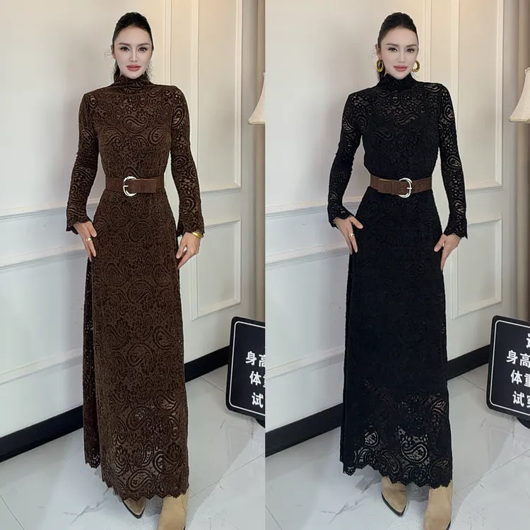 ADLA秋冬季显瘦收腰连衣裙腰果花纹有弹力连衣裙高级感送腰带863