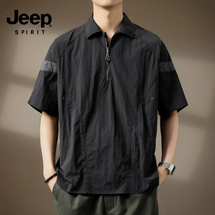 JEEPSPIRIT吉普山系户外美式复古短袖Polo衫男夏季翻领速干T恤男