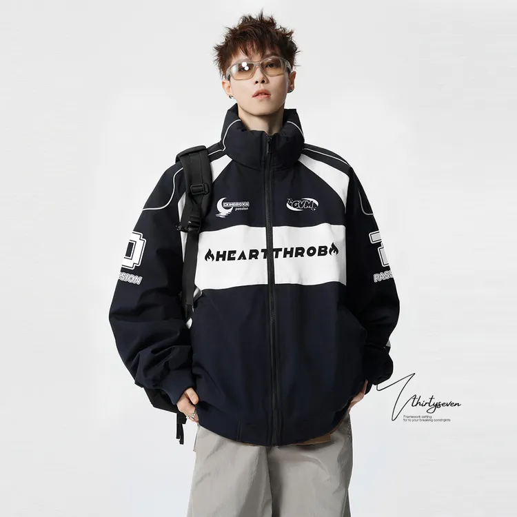 V37美式潮牌vintage机车棉服外套男款冬季痞帅夹克立领赛车服棉衣