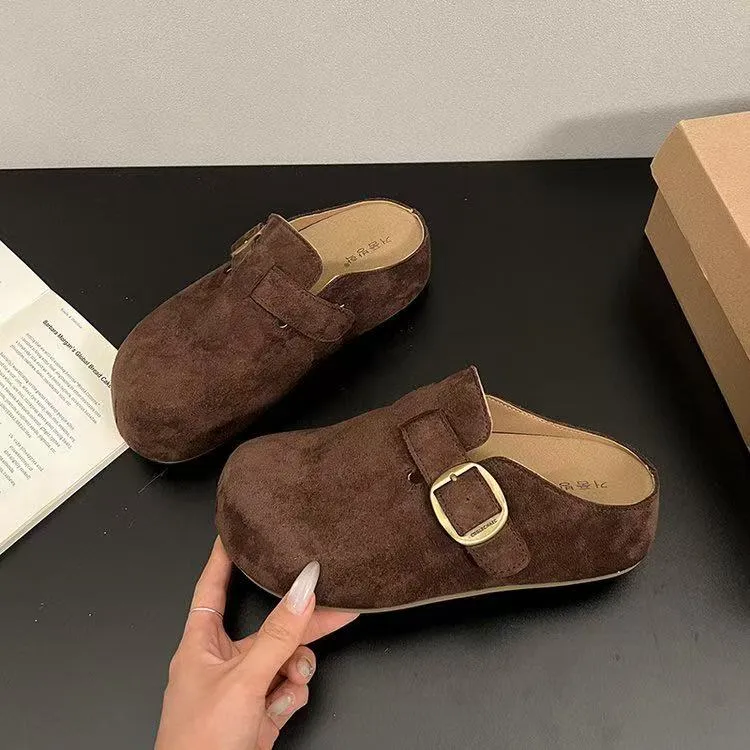 秋冬时尚网红百搭外穿舒适拖鞋纯色复古港风防滑包头拖博肯拖鞋