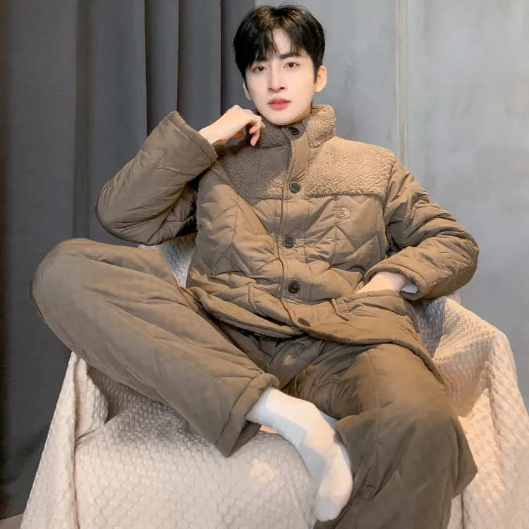 帕兰朵睡衣男士冬季羽绒三层加厚夹棉加绒可外穿家居服大码套装