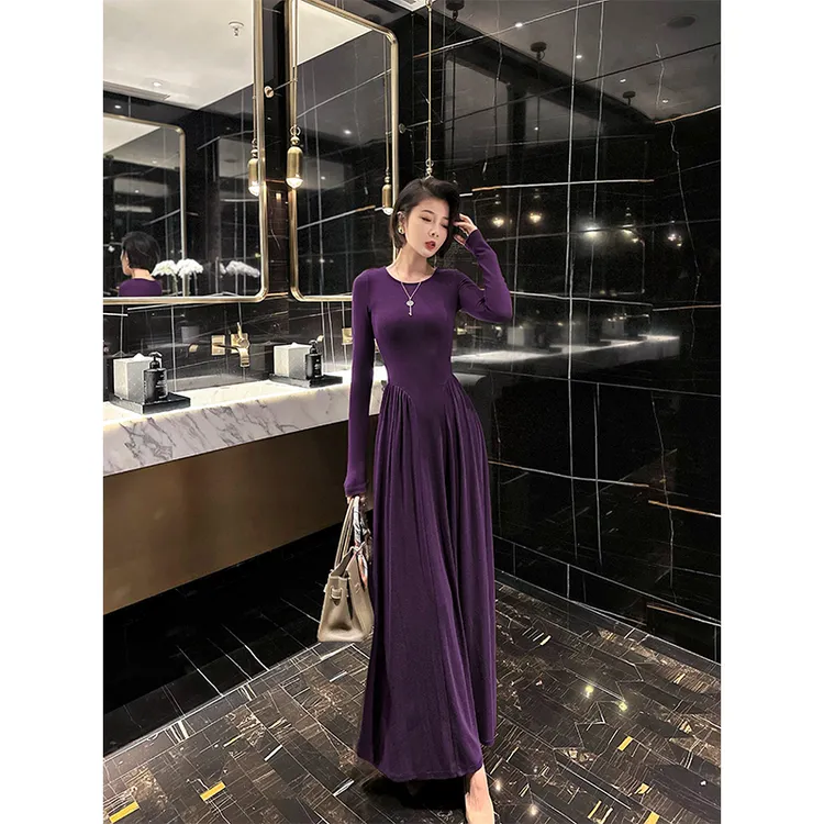 XULU原创秋季美利诺慕斯绒优雅圆领长袖大摆裙收腰A字裙连衣裙