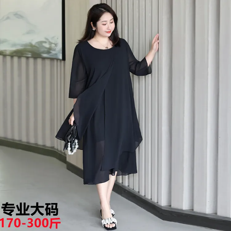 大码女装雪纺连衣裙2022春季新款显瘦遮腹胖mm洋气减龄时尚裙