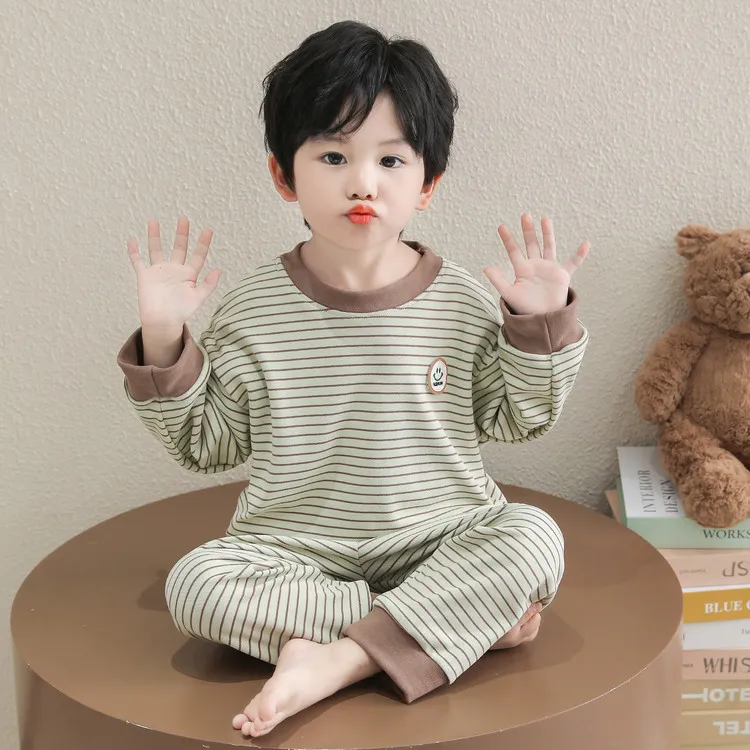 男童德绒睡衣春秋新款2025儿童条纹套装男宝宝长袖分体保暖家居服