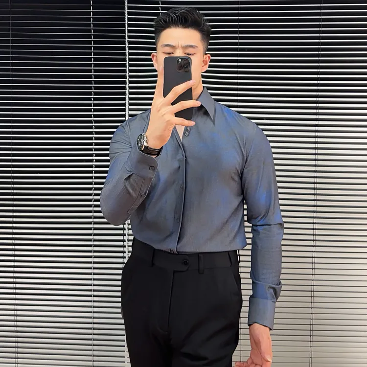 秋季新品暗纹彩色渐变衬衫个性痞帅型男修身时尚潮流长袖衬衫男装