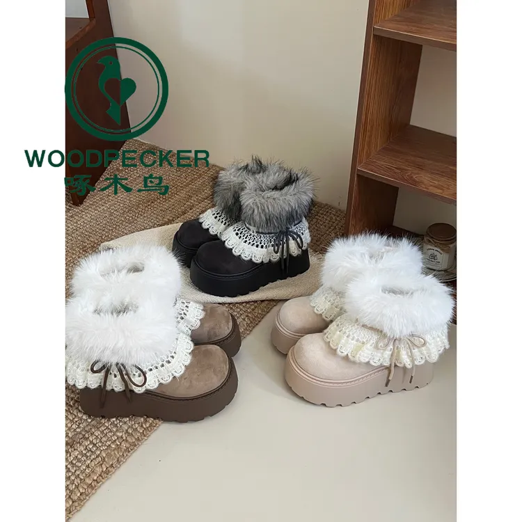 啄木鸟费尔岛毛毛厚底保暖雪地靴女款2025新款冬季加绒加厚棉靴子
