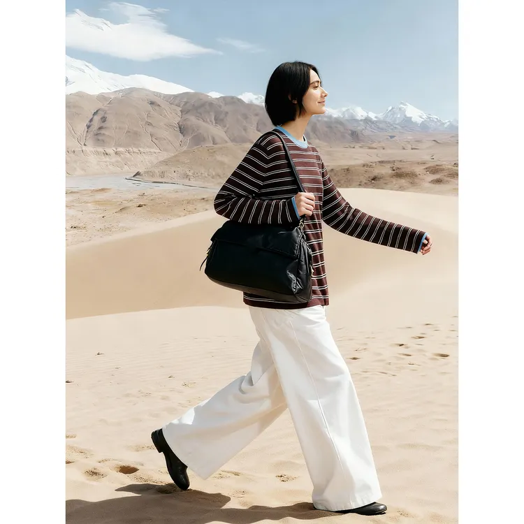 CLOUDSPACE/云上生活【织梦】丝光羊毛条纹针织衫女2025秋落肩上衣