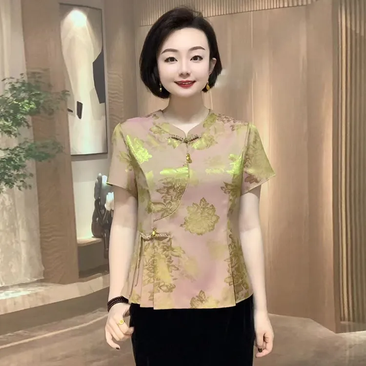 中式旗袍衫高档上衣国风洋气衬衫盘扣妈妈新款短袖上衣夏季T恤衫
