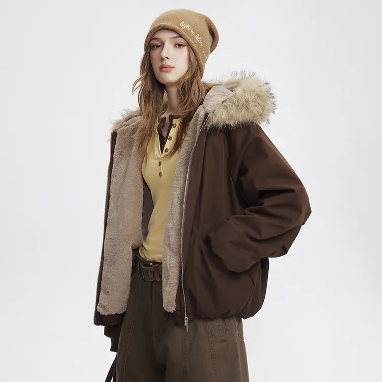 ZEXO美式复古座山雕简约基础立体剪裁连帽潮流休闲宽松棉服