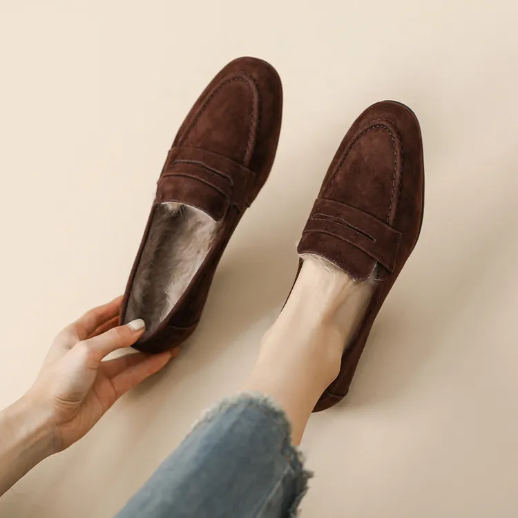 2025英伦风绒面乐福鞋女款秋冬加绒保暖低跟单鞋一脚蹬女鞋毛毛鞋