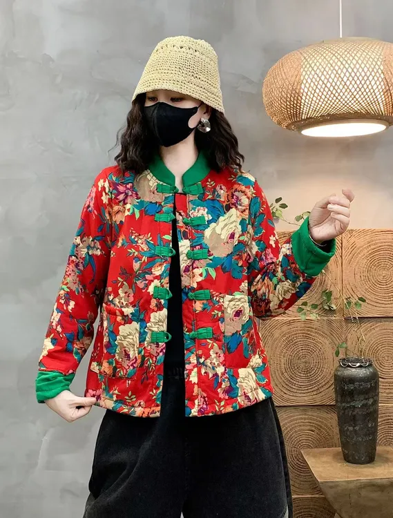 2025加绒保暖新中式拼接网红民族风东北大花立领上衣外套女花棉袄