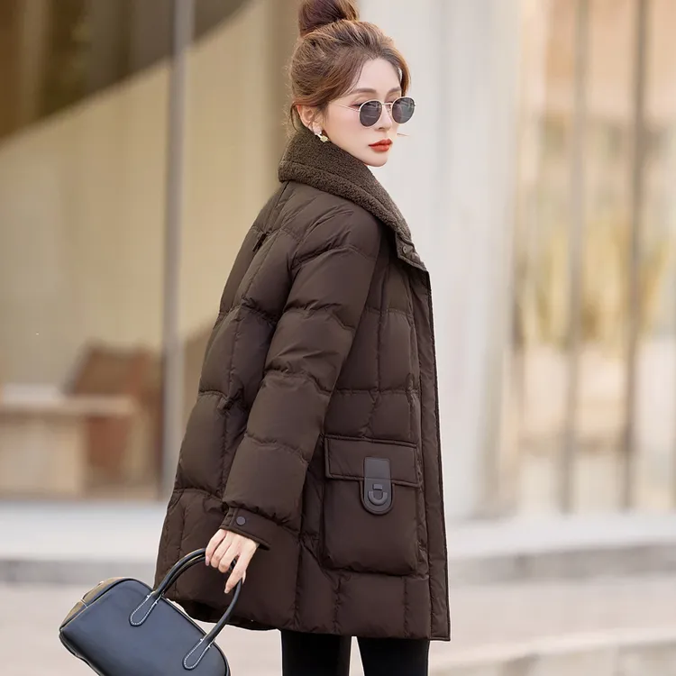 中长款大翻领羽绒服女2025年冬季新款宽松时尚洋气加厚白鸭绒外套
