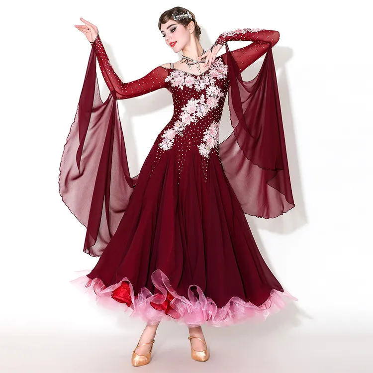 醉梦繁花！媚羽贴花摩登舞连衣裙MY922国标舞服华尔兹镶钻演出服