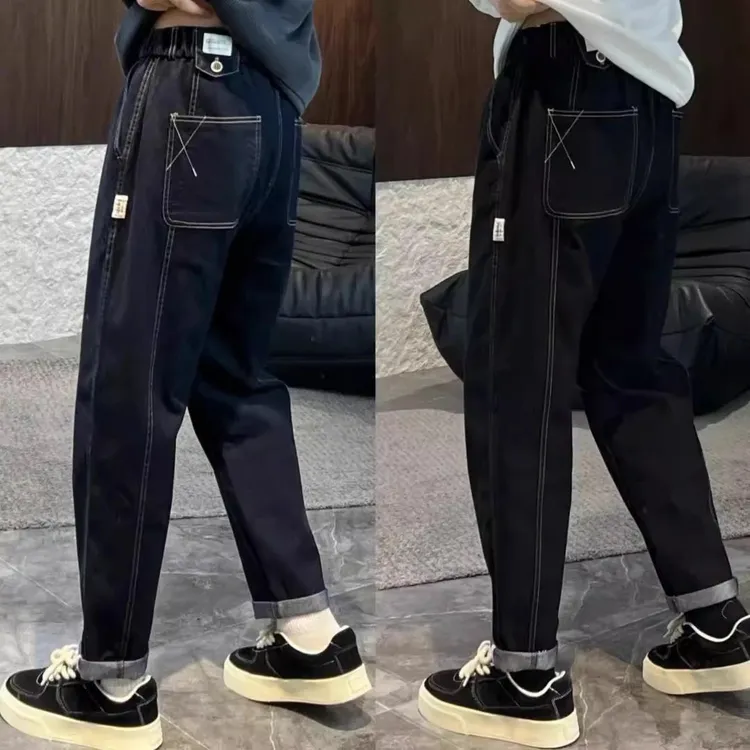 秋冬新款男士纯色牛仔裤时尚潮流明线拼接直筒裤宽松百搭休闲长裤