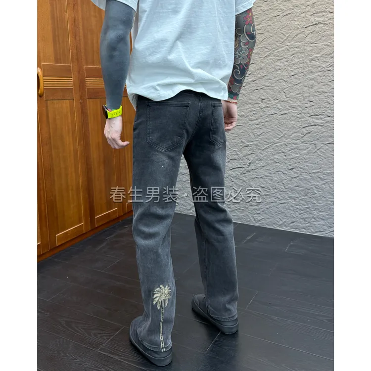 2025秋冬新款时尚休闲百搭黑灰色直筒刺绣男士牛仔裤1968