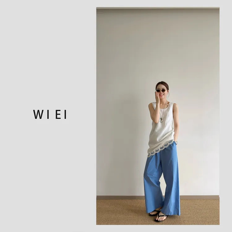 《WI EI》粉蓝裤*时髦轻盈干爽微皱100%棉休闲直筒九分裤 W25302031
