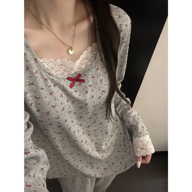 韩系慵懒风蕾丝拼接波点印花睡衣女秋季新款长袖长裤家居服两件套