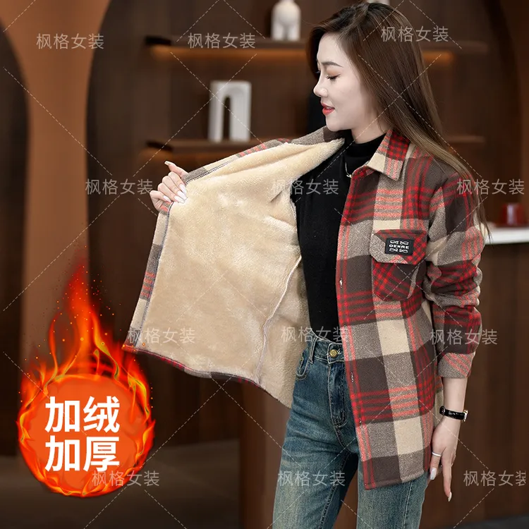 2025年新款加绒加厚保暖格子衬衫女  宽松大码洋气百搭上衣外套