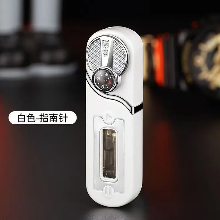 创意摇臂防风直冲充气打火机带指南针透明气仓独立包装男女通用