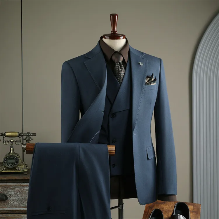 平驳领高级感时尚条纹西服套装男士职业正装修身商务结婚新郎伴郎