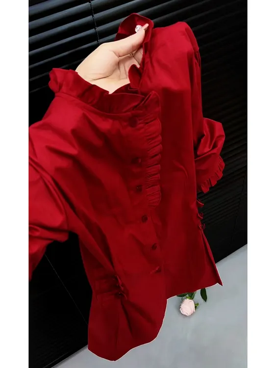 本命年设计感红色长袖衬衫春秋新款时尚设计感收腰显瘦衬衣气质款