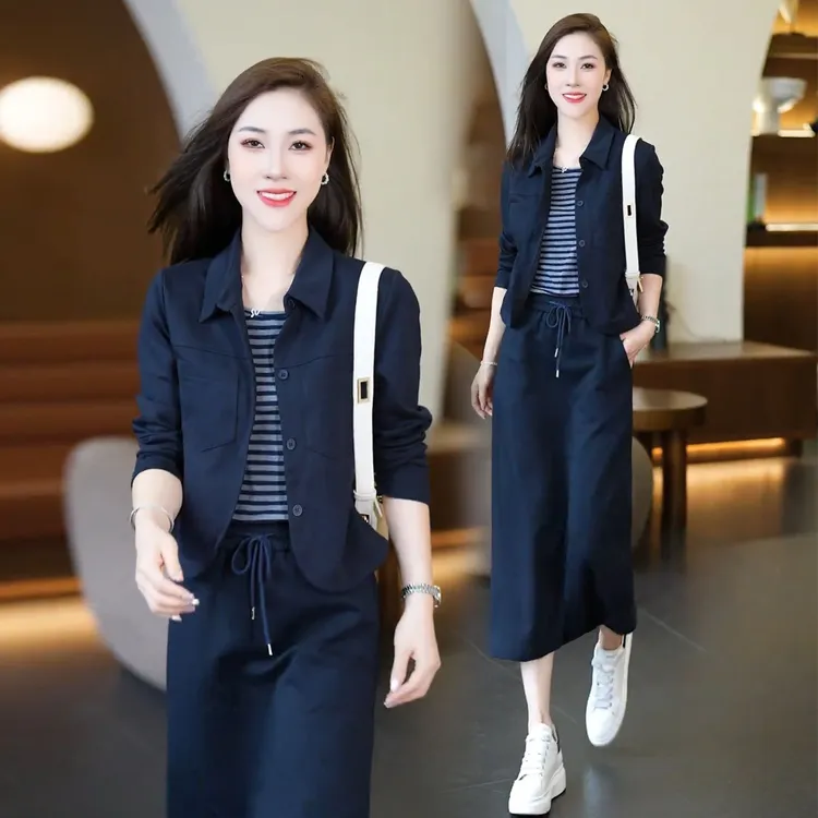 时尚休闲裙套装女2025新款时尚洋气假两件上衣裙子减龄两件套