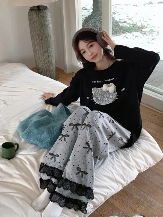 韩版ins风少女甜美可爱卡通睡衣女春秋新款蕾丝花边蝴蝶结家居服