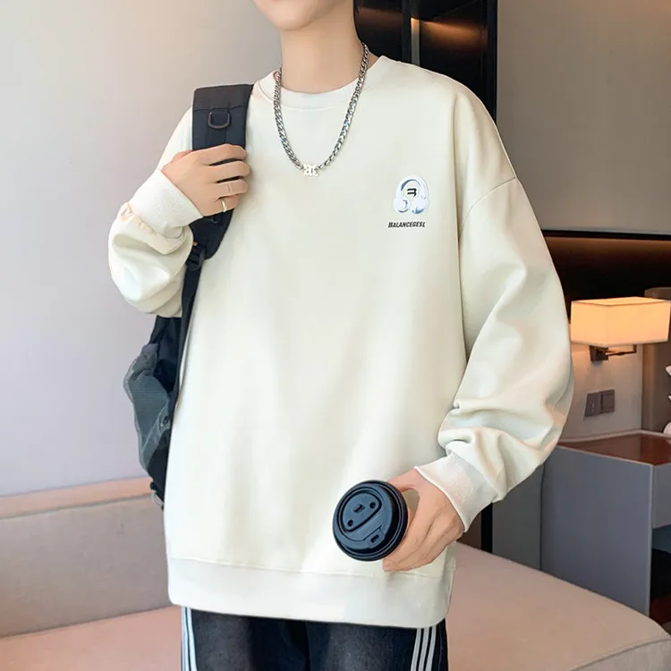 潮流美式假两件春秋季休闲百搭青少年男士长袖印花卫衣适合春秋天