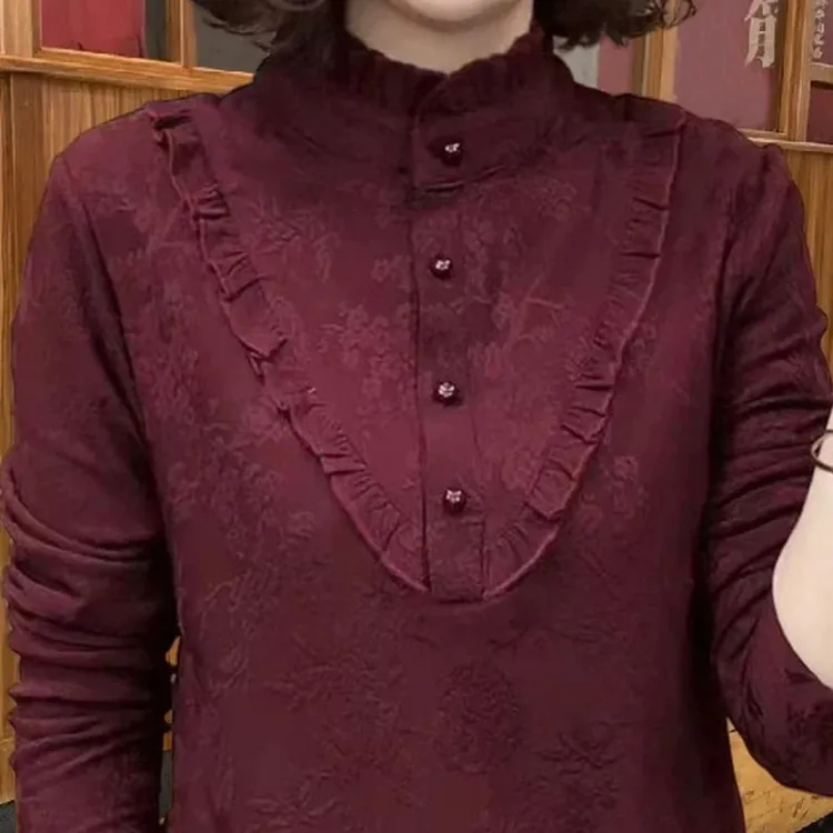 木耳边加绒加厚提花气质中老年妈妈装