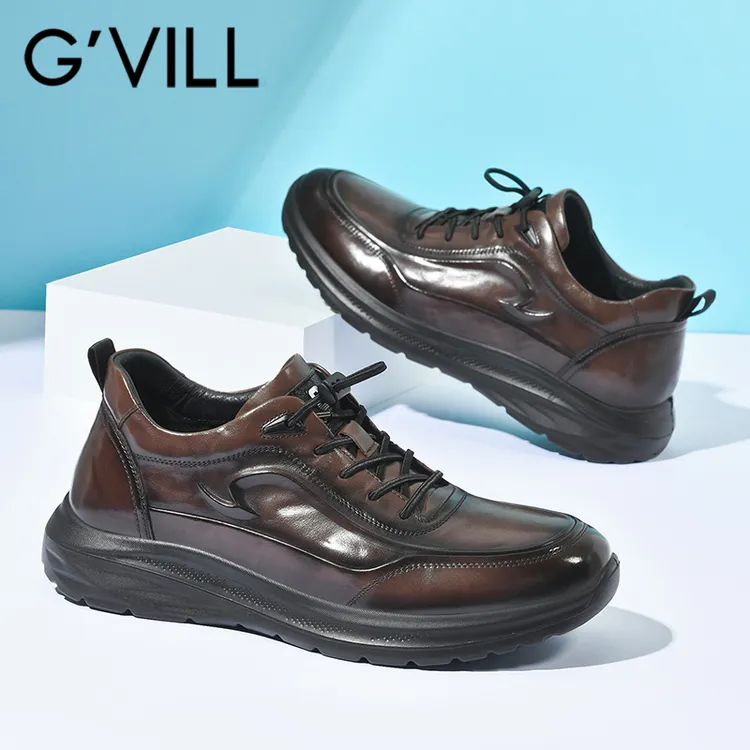 G'VILL/贵之步头层牛皮休闲皮鞋男士商务百搭通勤真皮软底厚底鞋