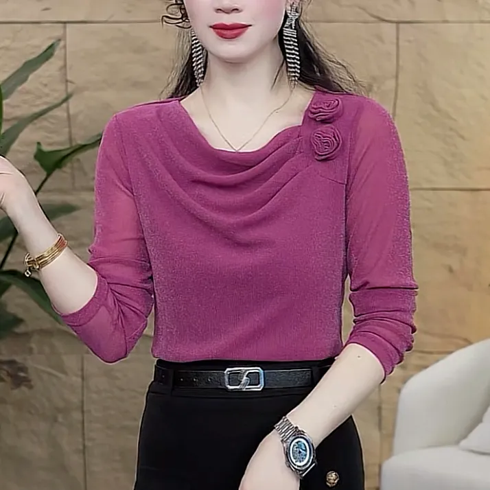 高档网纱褶皱花朵打底衫女春秋新款时尚洋气修身百搭T恤小衫上衣