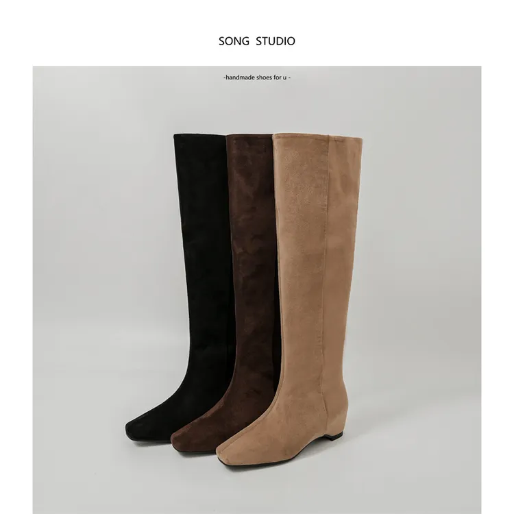 跟高4.5cm/34-40/秋冬牛翻皮弧形内增高显瘦气质简约素面及膝长靴
