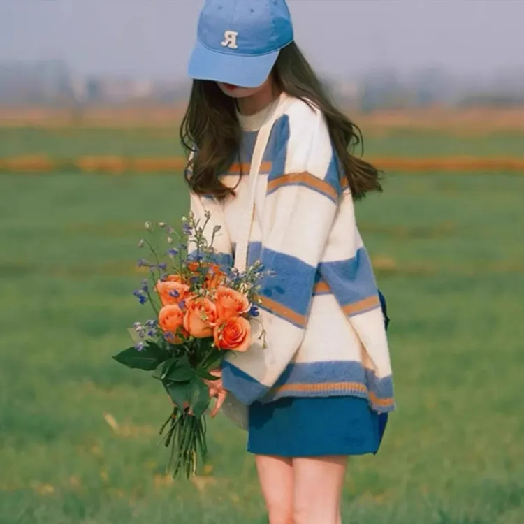 文艺森系多巴胺彩色条纹毛衣女秋冬慵懒高级感宽松软糯针织衫上衣