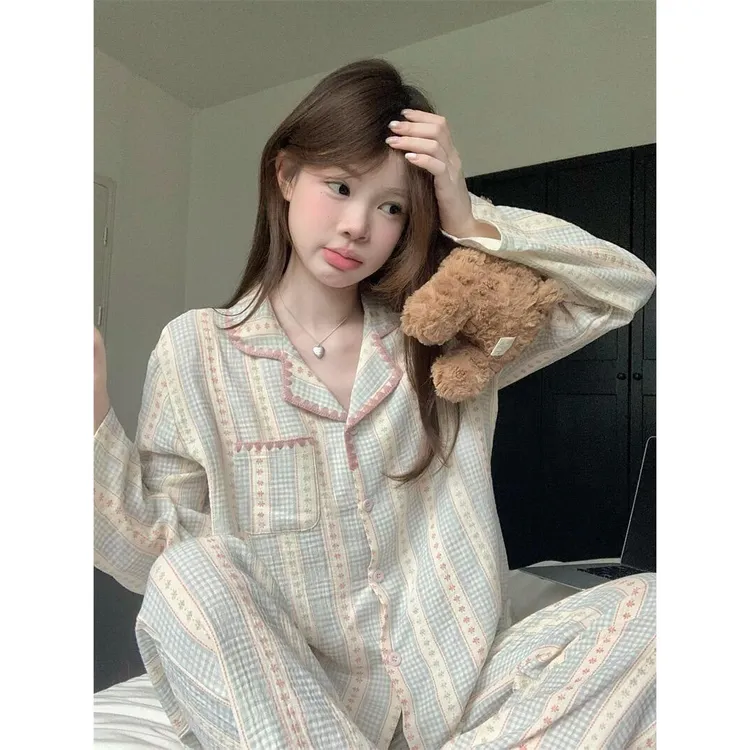 韩版格子睡衣女款春秋碎花翻领长袖多巴胺甜美少女家居服套装外穿