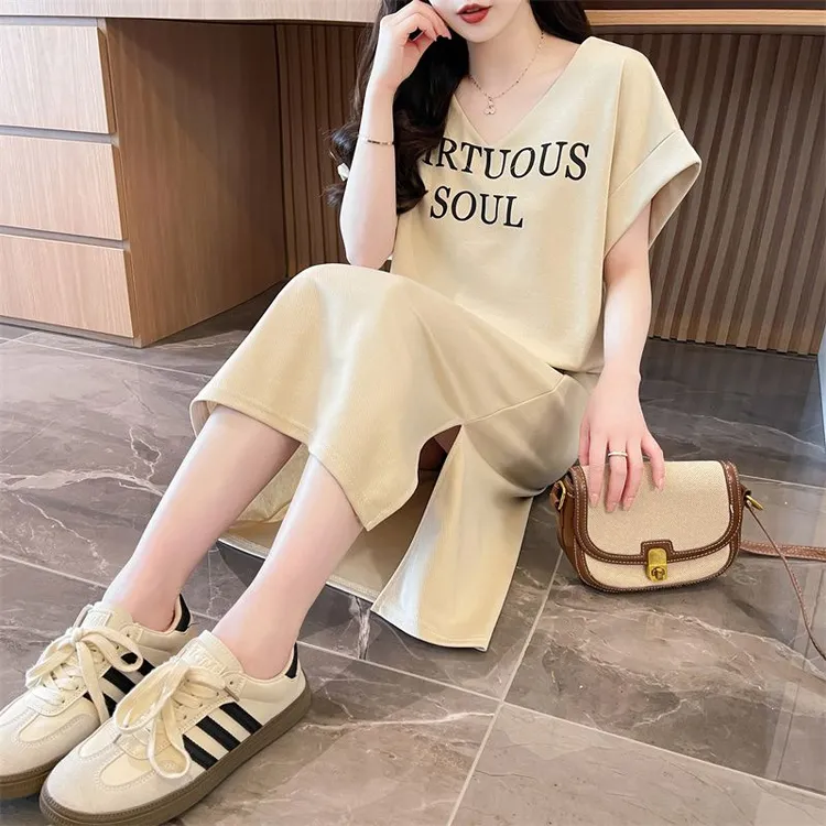 V领长款过膝开叉洋气体恤裙夏季韩版宽松腰大版纯棉短袖女连衣裙