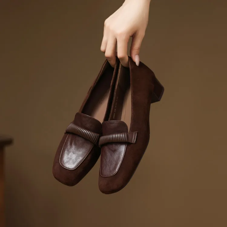 全真皮~3.5cm春秋新款文艺复古风方头单鞋女百搭舒适一脚蹬乐福鞋