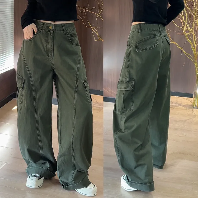 欧洲站2025秋季新款大口袋翻边欧货工装裤女